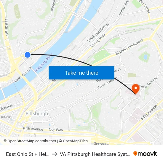 East Ohio St + Heinz to VA Pittsburgh Healthcare System map