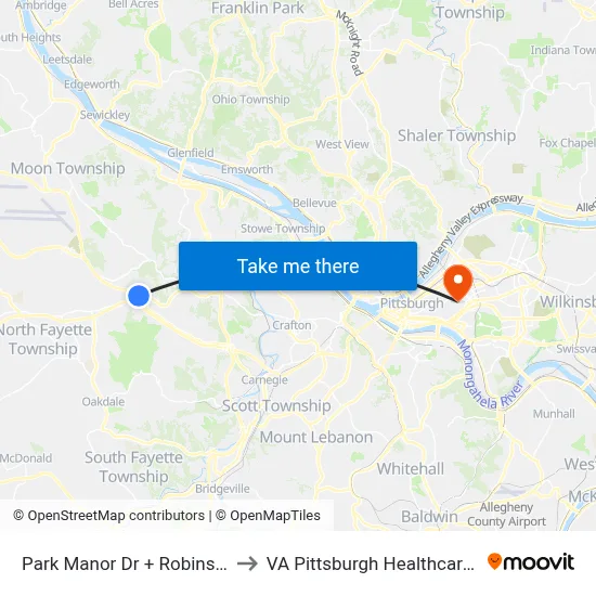 Park Manor Dr + Robinson Plaza to VA Pittsburgh Healthcare System map