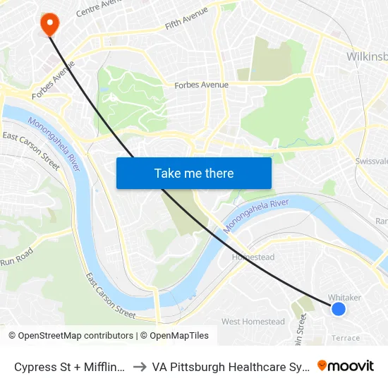 Cypress St + Mifflin Ave to VA Pittsburgh Healthcare System map