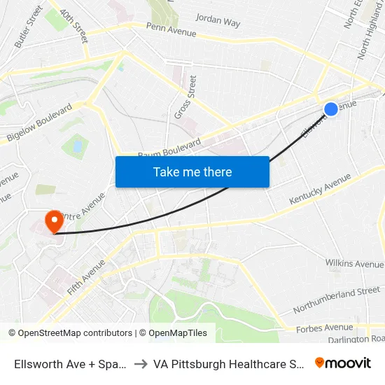 Ellsworth Ave + Spahr St to VA Pittsburgh Healthcare System map