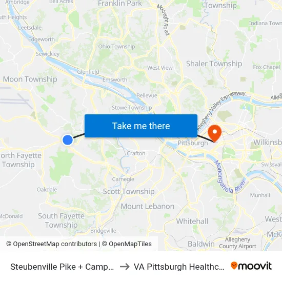 Steubenville Pike + Campbells Run Rd to VA Pittsburgh Healthcare System map