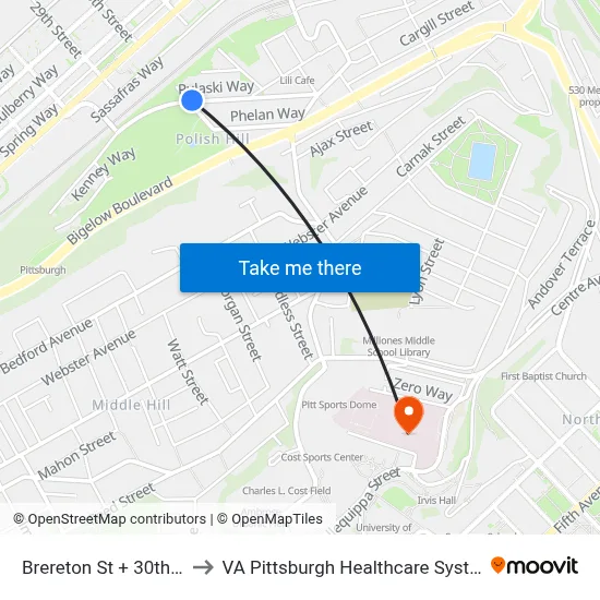 Brereton St + 30th St to VA Pittsburgh Healthcare System map