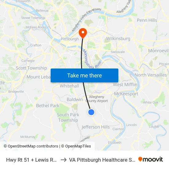 Hwy Rt 51 + Lewis Run Rd to VA Pittsburgh Healthcare System map