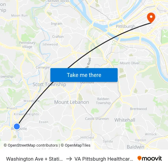 Washington Ave + Station St Ns to VA Pittsburgh Healthcare System map