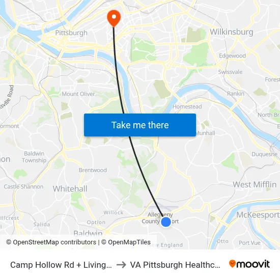 Camp Hollow Rd + Livingston Rd FS to VA Pittsburgh Healthcare System map