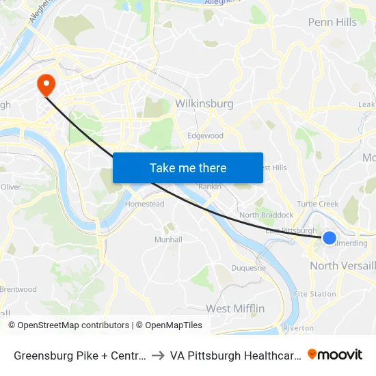 Greensburg Pike + Central Ave FS to VA Pittsburgh Healthcare System map