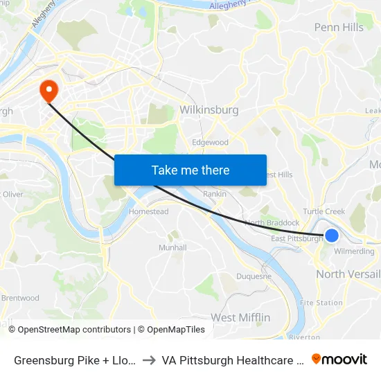 Greensburg Pike + Lloyd Ave to VA Pittsburgh Healthcare System map