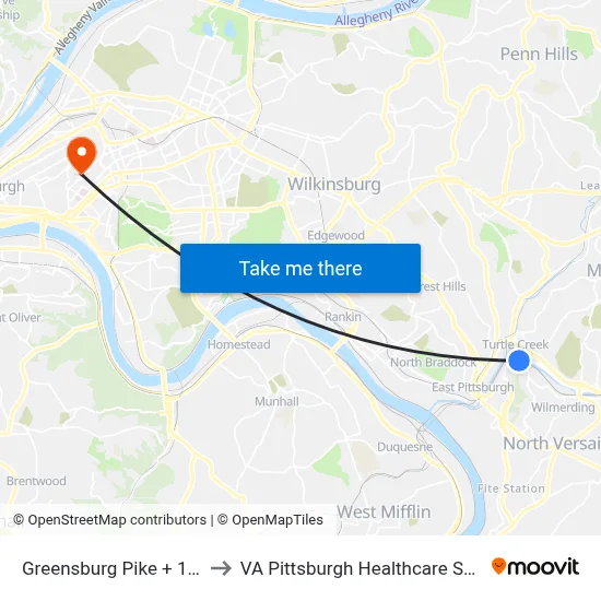 Greensburg Pike + 1st St to VA Pittsburgh Healthcare System map