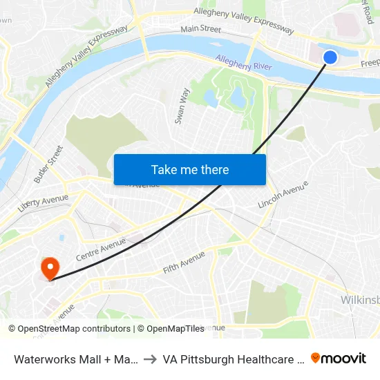 Waterworks Mall + Marshalls to VA Pittsburgh Healthcare System map