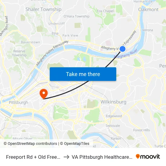 Freeport Rd + Old Freeport Rd to VA Pittsburgh Healthcare System map