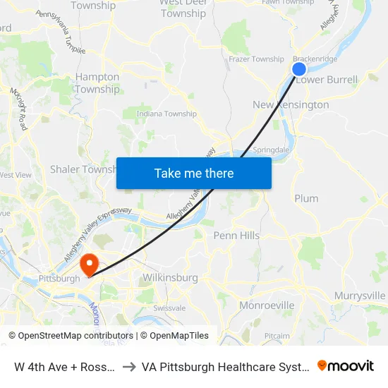 W 4th Ave + Ross St to VA Pittsburgh Healthcare System map