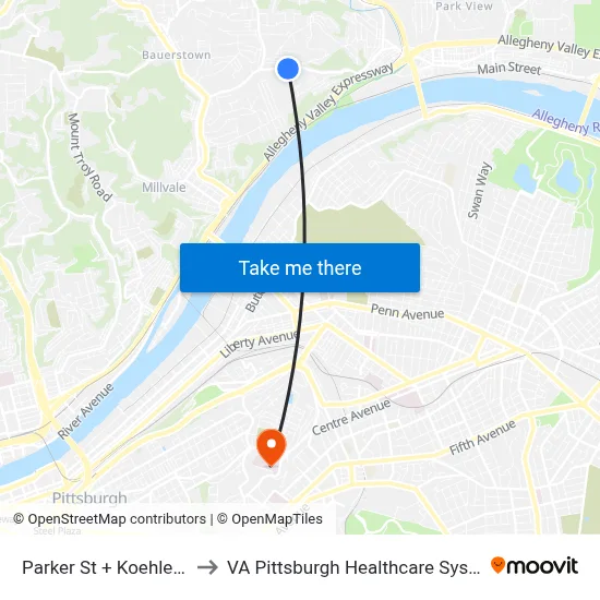 Parker St + Koehler St to VA Pittsburgh Healthcare System map