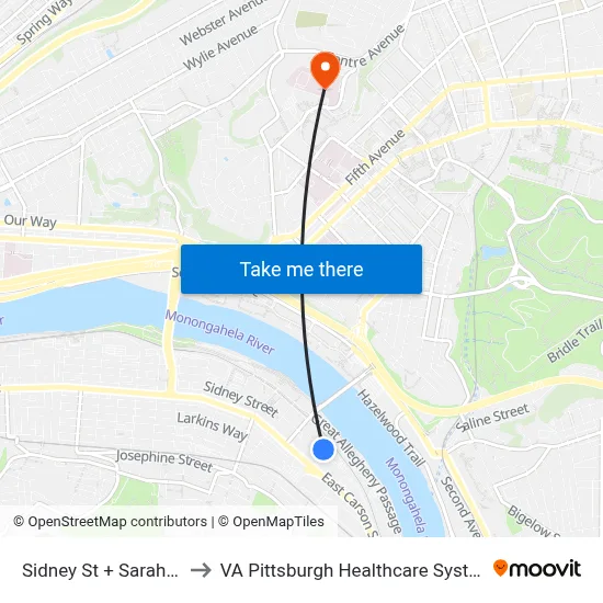 Sidney St + Sarah St to VA Pittsburgh Healthcare System map
