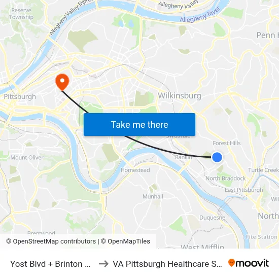 Yost Blvd + Brinton Rd FS to VA Pittsburgh Healthcare System map