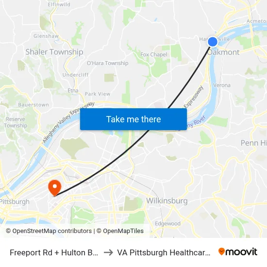 Freeport Rd + Hulton Bridge FS to VA Pittsburgh Healthcare System map