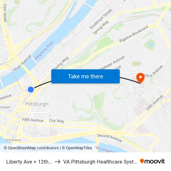 Liberty Ave + 12th St to VA Pittsburgh Healthcare System map
