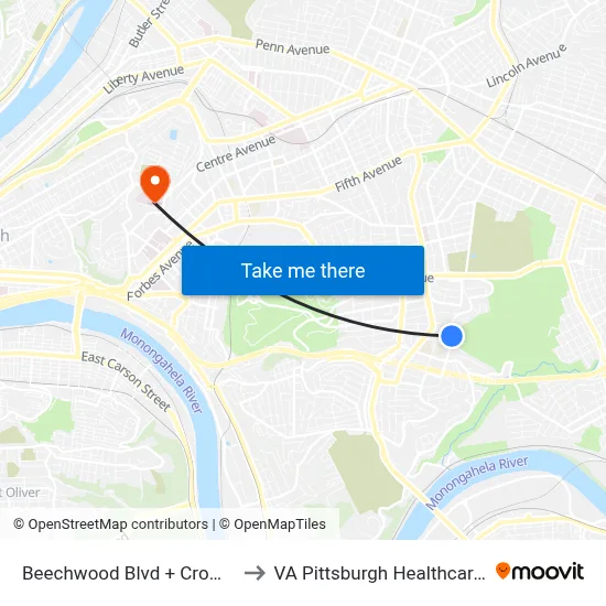 Beechwood Blvd + Crombie St FS to VA Pittsburgh Healthcare System map