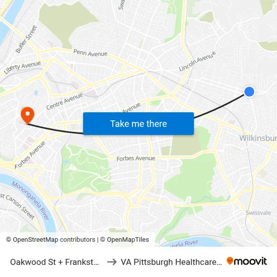 Oakwood St + Frankstown Ave to VA Pittsburgh Healthcare System map
