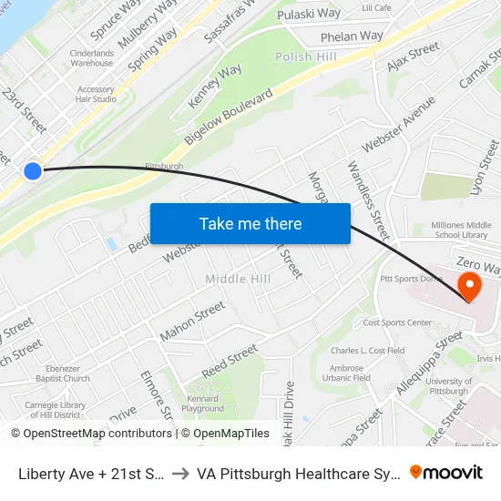 Liberty Ave + 21st St FS to VA Pittsburgh Healthcare System map