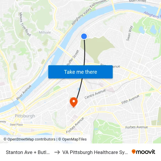 Stanton Ave + Butler St to VA Pittsburgh Healthcare System map