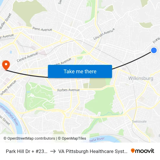 Park Hill Dr + #2350 to VA Pittsburgh Healthcare System map