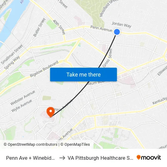 Penn Ave + Winebiddle St to VA Pittsburgh Healthcare System map