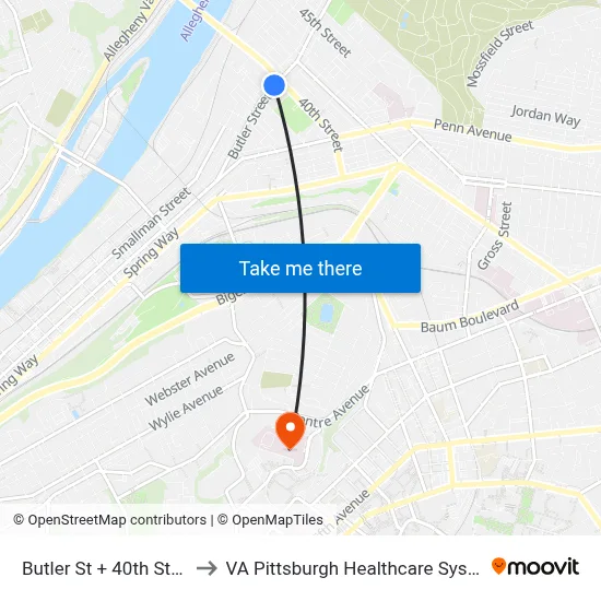 Butler St + 40th St Ns to VA Pittsburgh Healthcare System map