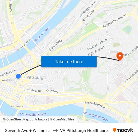 Seventh Ave + William Penn Pl to VA Pittsburgh Healthcare System map