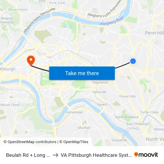 Beulah Rd + Long Rd to VA Pittsburgh Healthcare System map