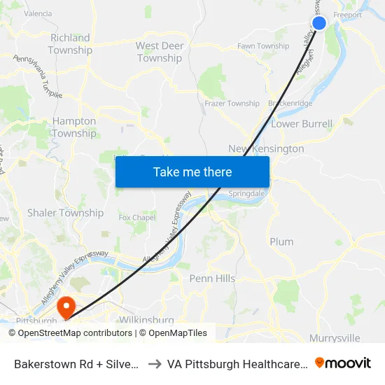 Bakerstown Rd + Silverville Rd to VA Pittsburgh Healthcare System map
