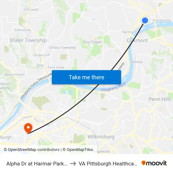Alpha Dr at Harmar Park And Ride to VA Pittsburgh Healthcare System map