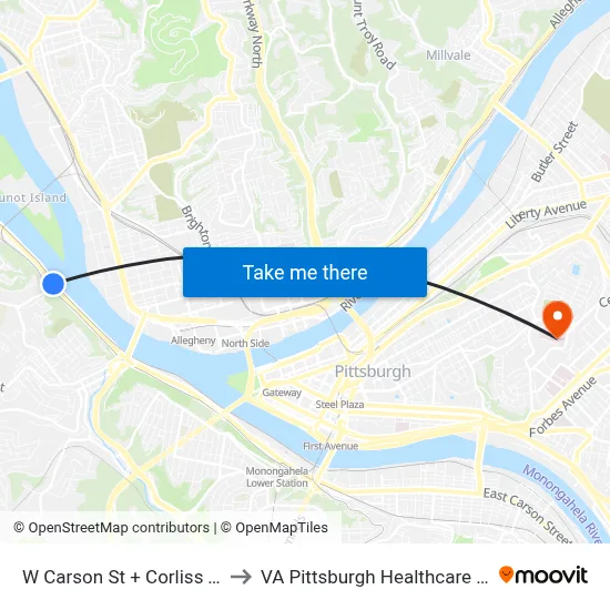 W Carson St + Corliss Tunnel to VA Pittsburgh Healthcare System map