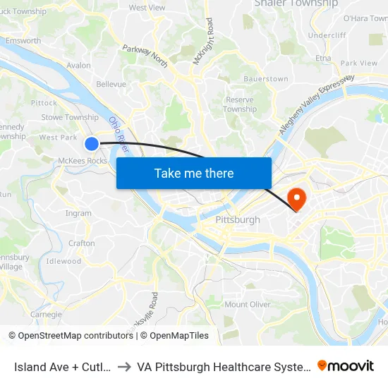 Island Ave + Cutler to VA Pittsburgh Healthcare System map