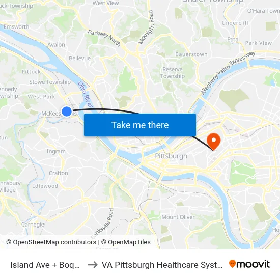Island Ave + Boquet to VA Pittsburgh Healthcare System map