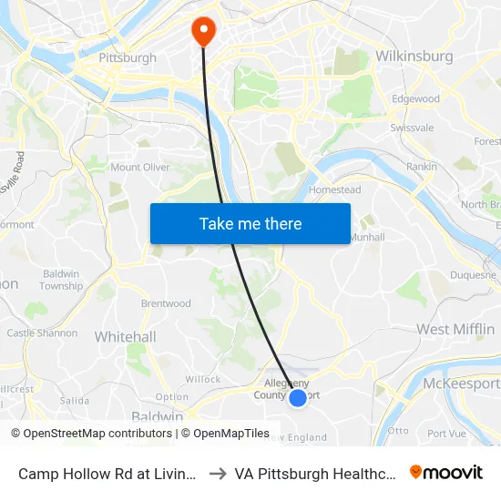 Camp Hollow Rd at Livingston Rd FS to VA Pittsburgh Healthcare System map