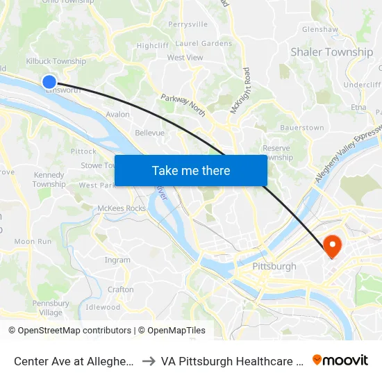 Center Ave at Allegheny Ave to VA Pittsburgh Healthcare System map
