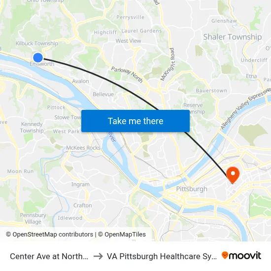 Center Ave at North Ave to VA Pittsburgh Healthcare System map