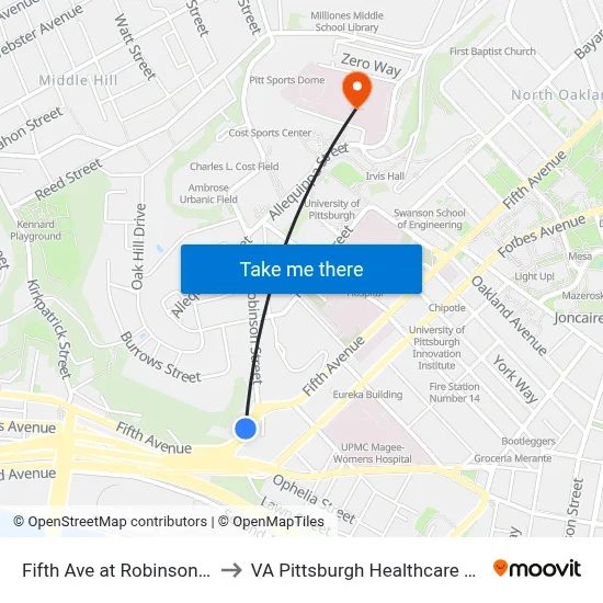 Fifth Ave at Robinson St FS to VA Pittsburgh Healthcare System map