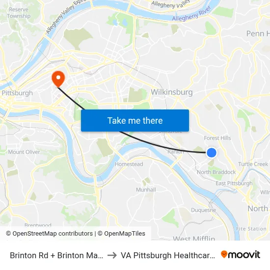 Brinton Rd + Brinton Manor Dr W to VA Pittsburgh Healthcare System map