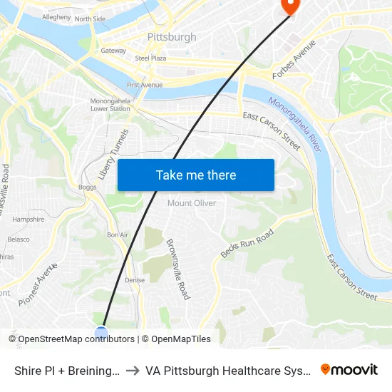Shire Pl + Breining St to VA Pittsburgh Healthcare System map