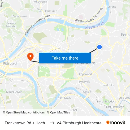 Frankstown Rd + Hochberg Rd to VA Pittsburgh Healthcare System map