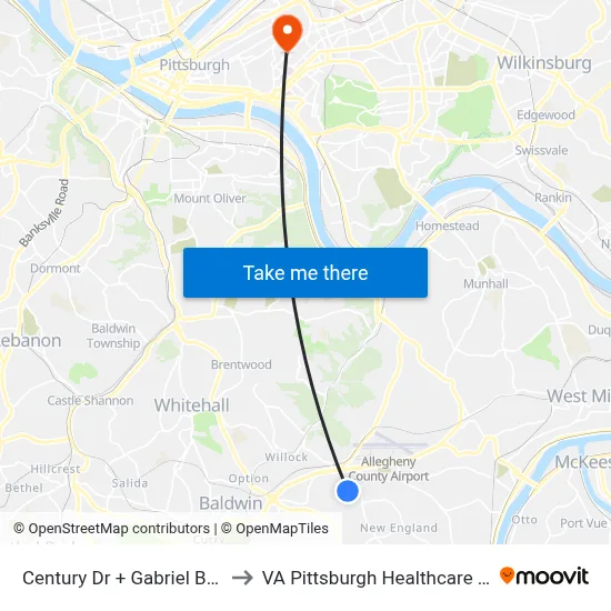 Century Dr + Gabriel Brothers to VA Pittsburgh Healthcare System map