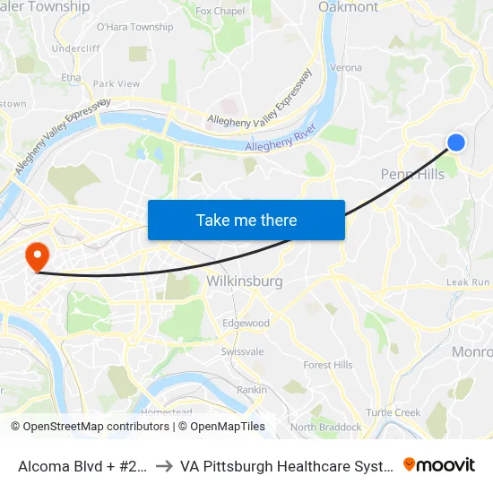 Alcoma Blvd + #225 to VA Pittsburgh Healthcare System map
