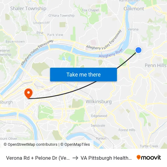 Verona Rd + Pelone Dr (Verona Estates) to VA Pittsburgh Healthcare System map