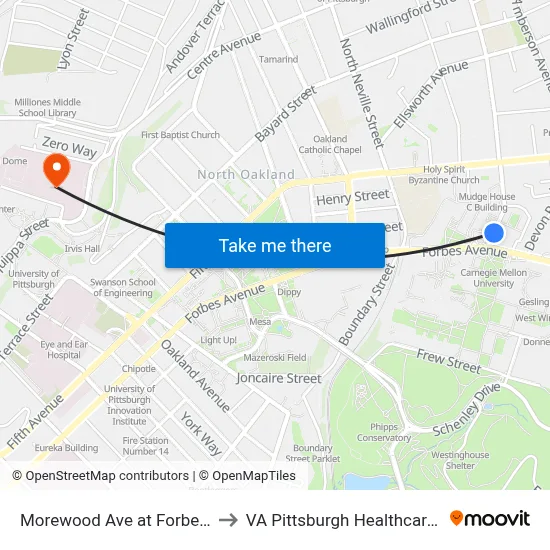 Morewood Ave at Forbes Ave FS to VA Pittsburgh Healthcare System map