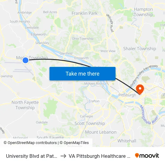 University Blvd at Patton Dr to VA Pittsburgh Healthcare System map