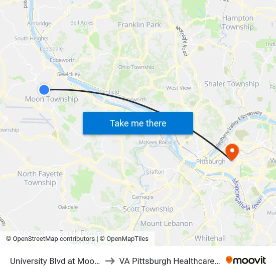 University Blvd at Moon Plaza to VA Pittsburgh Healthcare System map