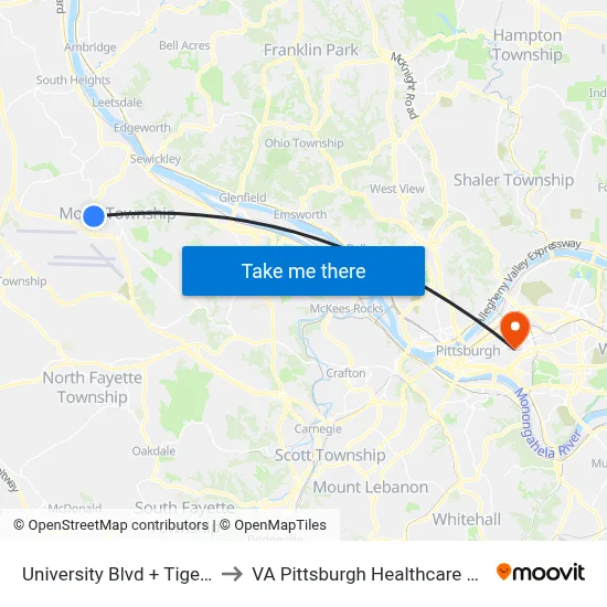 University Blvd + Tiger Trail to VA Pittsburgh Healthcare System map