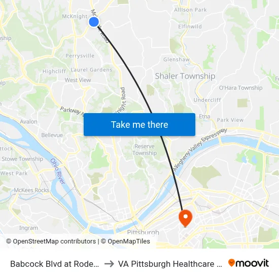 Babcock Blvd at Roderick Dr to VA Pittsburgh Healthcare System map