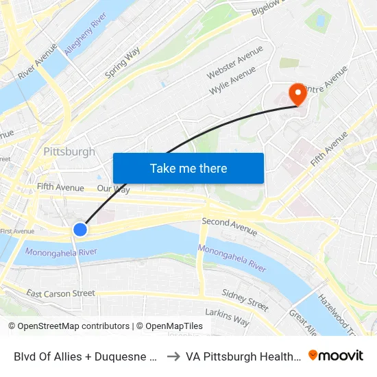 Blvd Of Allies + Duquesne Univ Footbridge to VA Pittsburgh Healthcare System map